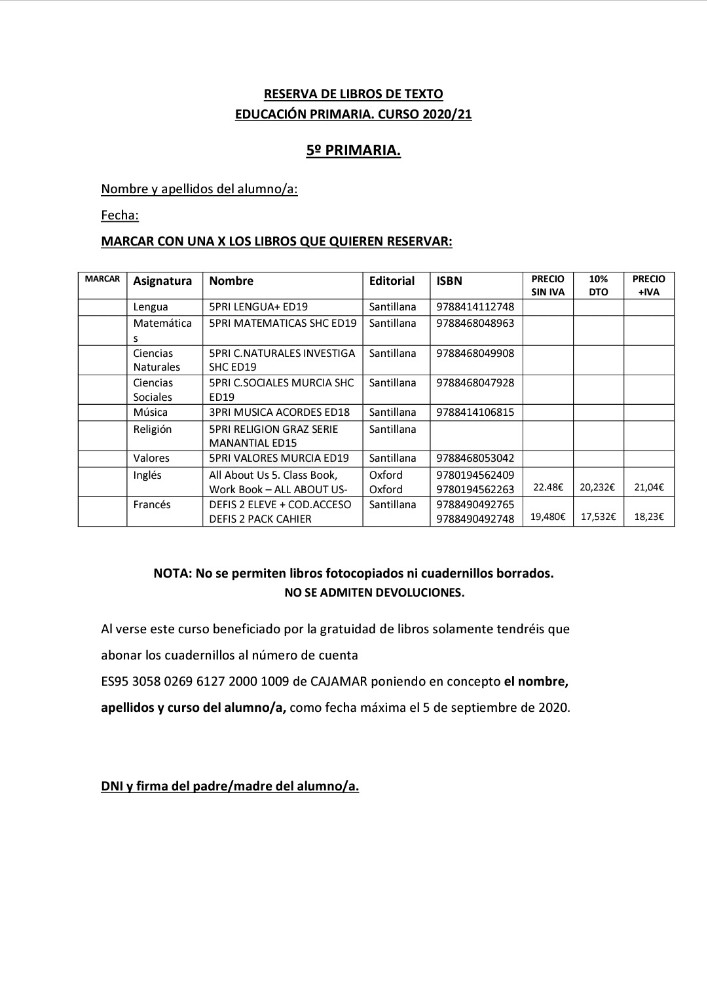 DOCUMENTO DE RESERVA DE LIBROS Curso 2020-21